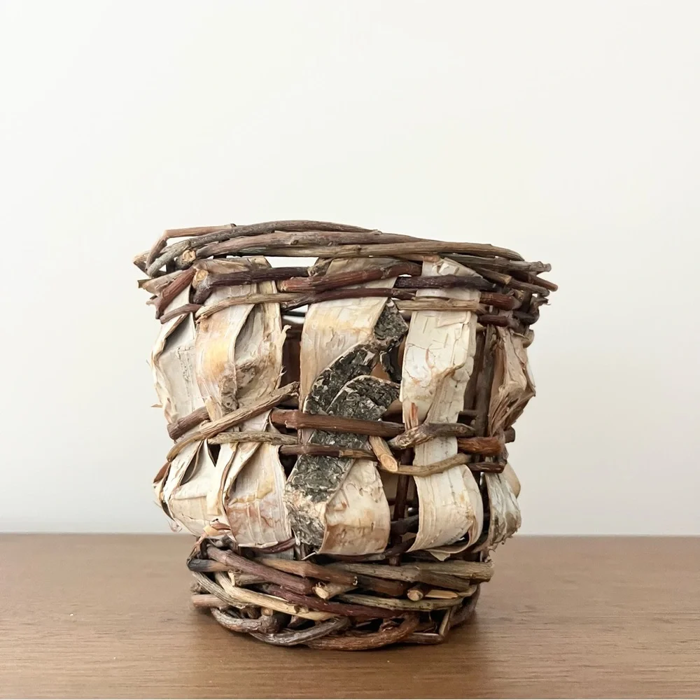 Handcrafted Birch Bark Basket Woven Natural Planter Small Brown